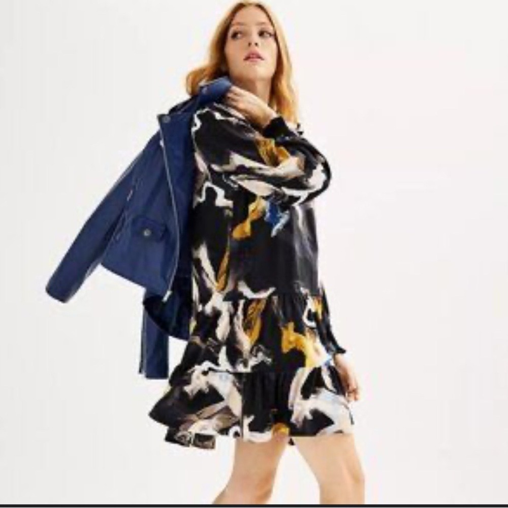 Nine West‎ Women's Black Abstract Print Ruffle Tiered Long Sleeve Dress Size M